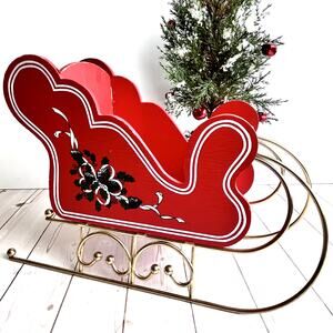 Vintage Wood & Metal Sleigh Painted Holly Pinecone Ribbon Red Brass Tone Taiwan